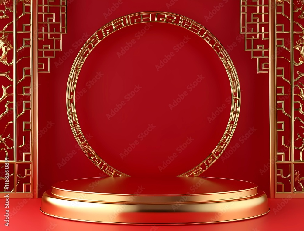 Poster 3d rendering of a podium display for a product showcase, featuring a golden circular base on a red b