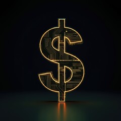 Obraz premium 3D dollar sign symbol, metallic texture, steampunk architecture, glowing interior lights, intricate gears and machinery, dark background, teal and gold color scheme, industrial aesthetic, high contras