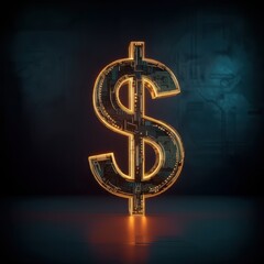 3D dollar sign symbol, metallic texture, steampunk architecture, glowing interior lights, intricate gears and machinery, dark background, teal and gold color scheme, industrial aesthetic, high contras