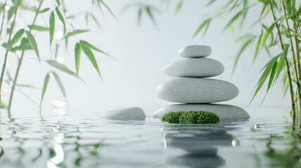 Obraz premium A serene arrangement of stacked stones surrounded by bamboo, reflecting in calm water, creating a peaceful and harmonious atmosphere.