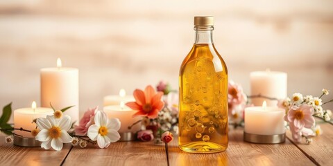 A bottle of golden yellow bubble oil sits on a wooden table surrounded by candles and flowers, calming, cozy