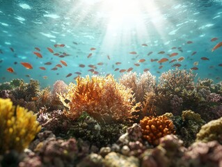 Naklejka premium Ethereal Underwater Scene Featuring Colorful Coral Reef and Vibrant Marine Life Illuminated by Sunlight