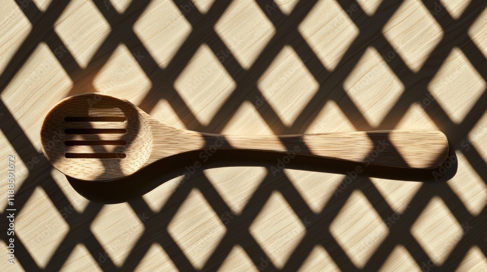 Poster a wooden slotted spoon casts a patterned shadow on a surface, highlighting its texture and design in