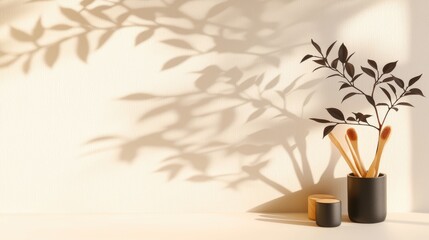 A plant adorned with kitchen utensils casts delicate shadows on a softly lit wall, creating a serene and minimalist atmosphere.