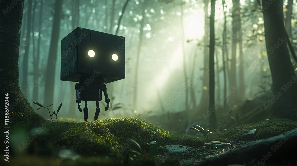 Poster futuristic robot exploring a misty forest with glowing eyes