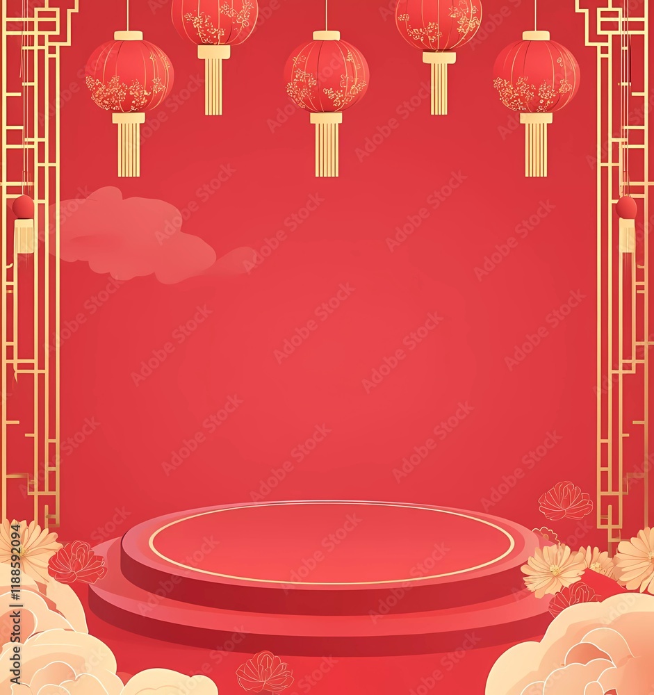 Poster a red background with golden clouds and lantern decorations, featuring an empty circular podium in t