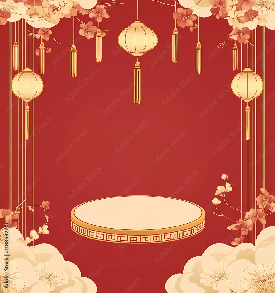 Poster a red background with golden clouds and lantern decorations, featuring an empty circular podium in t
