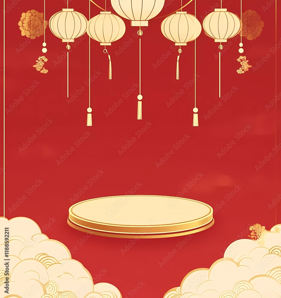 Poster a red background with golden clouds and lantern decorations, featuring an empty circular podium in t