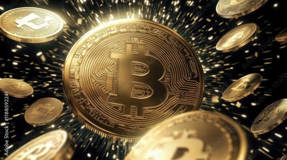 Poster shimmering golden bitcoin coins floating in a dark background