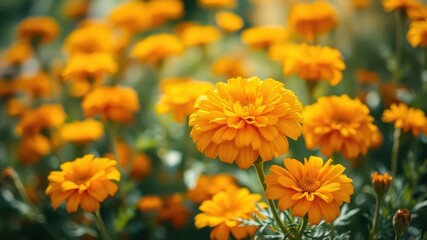 Fototapeta premium Vibrant orange blossoms in a lush summer garden, showcasing the beauty of nature's delicate petals and the profusion of flowering plants.