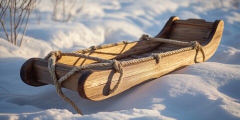 Wooden sled with ropes tied to it is sitting in the snow