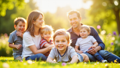 Fototapeta premium Happy family with children enjoying time together in a sunny park