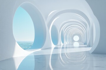 Fototapeta premium 3D render of white curved architectural lines with floor reflection, minimalistic design, and a blue sky background, high detail, perfect for presentations.