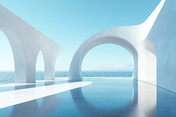 Fototapeta premium 3D render of white curved architectural lines with floor reflection, minimalistic design, and a blue sky background, high detail, perfect for presentations.