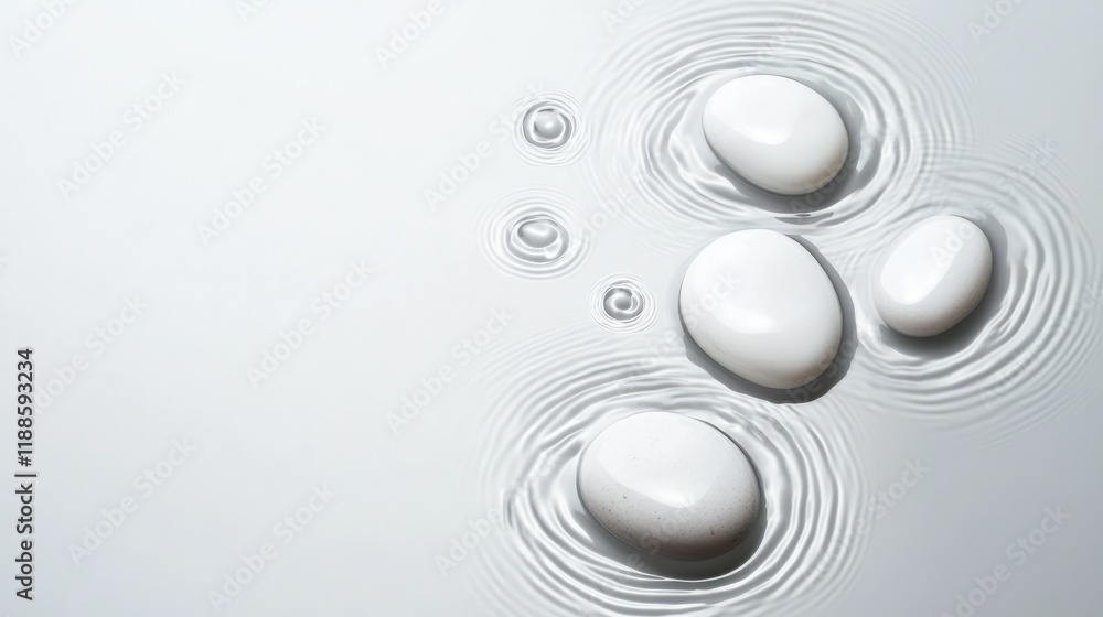 Poster a serene image featuring smooth white stones resting on calm water, creating gentle ripples around t