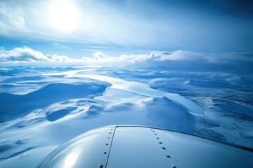 Fototapeta na wymiar Aerial View of Majestic Glaciers and Fjords Under a Bright Sky, Featuring Raw Icy Terrain with Stunning Lighting Reflections Above a Serene Landscape