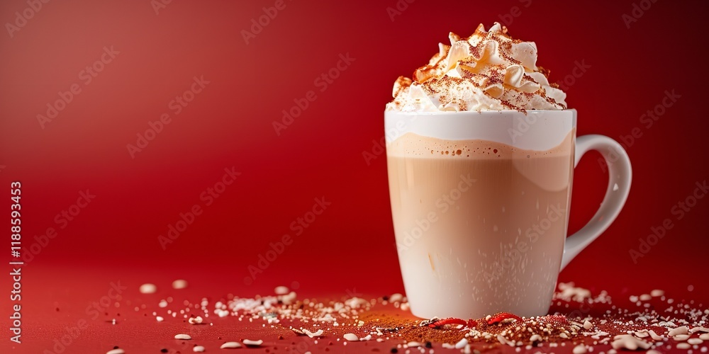 Poster a close-up of an arm gingerbread latte served in a festive cup with a large copy space on the top to