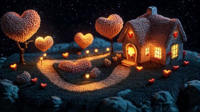 Romantic isometric Valentine&rsquo;s landscape at night, featuring a small, cozy house surrounded by a surreal floating heart-shaped garden, illuminated by soft moonlight.