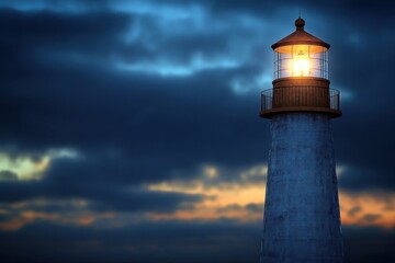 Lighthouse shines brightly against darkening sky at twilight by the coast