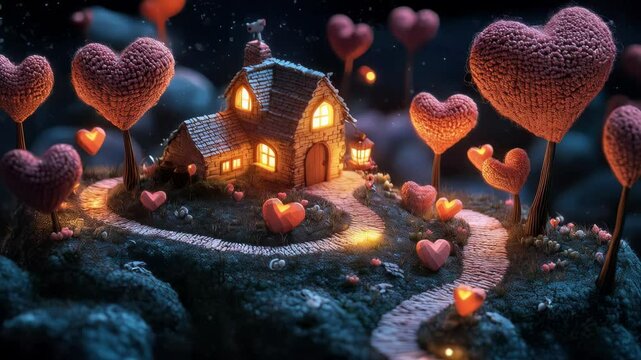 Romantic isometric Valentine&rsquo;s landscape at night, featuring a small, cozy house surrounded by a surreal floating heart-shaped garden, illuminated by soft moonlight.
