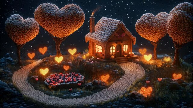 Romantic isometric Valentine&rsquo;s landscape at night, featuring a small, cozy house surrounded by a surreal floating heart-shaped garden, illuminated by soft moonlight.