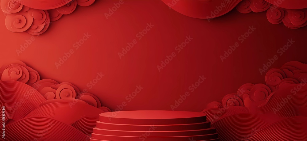 Poster chinese-style background with a red auspicious cloud pattern podium and copy space for product displ
