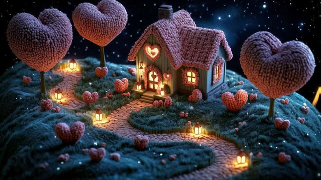 Romantic isometric Valentine&rsquo;s landscape at night, featuring a small, cozy house surrounded by a surreal floating heart-shaped garden, illuminated by soft moonlight.