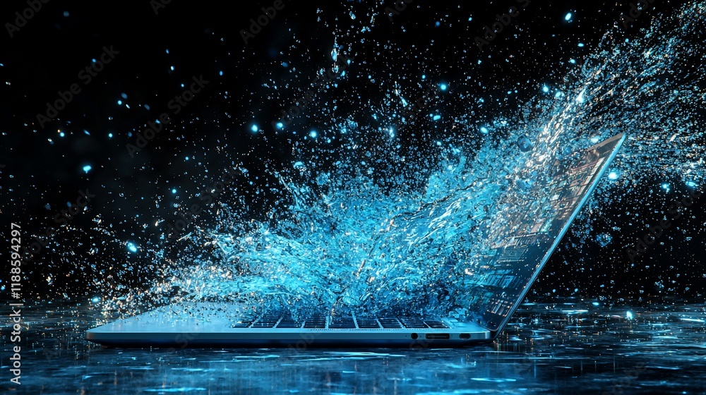 Poster water splashing from open laptop.