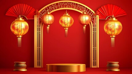 Red background, golden arch and lanterns, red fans on the wall behind it, podium for product display, vector illustration, Chinese New Year theme, Chinese style