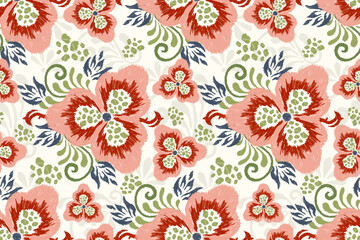 Red and pink flowers seamless pattern,vector illustration,hand drawn seamless pattern,ikat embroidery.