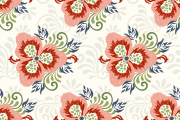 Red and pink flowers seamless pattern,vector illustration,hand drawn seamless pattern,ikat embroidery.