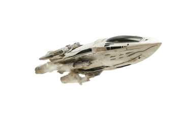 Futuristic spaceship preparing to land on an alien planet's surface at sunset