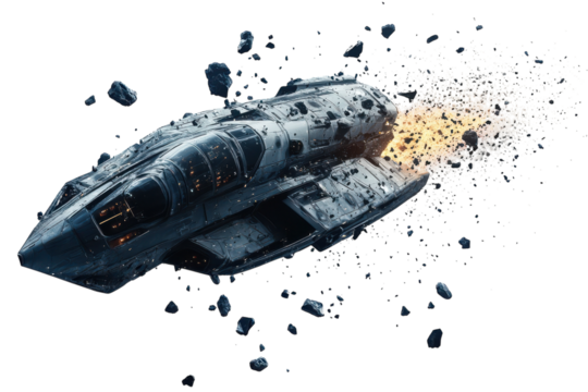 Spaceship Navigating Through Cosmic Debris in a Vibrant Galactic Environment