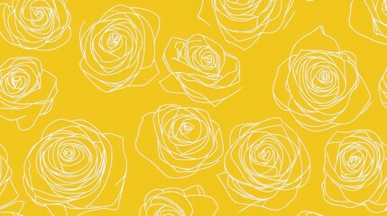 Stunning Yellow Background with Elegant White Line Art Roses - A Floral Print for Modern Home Decor