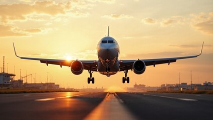 Obraz premium Airplane Landing at Sunset on the Runway