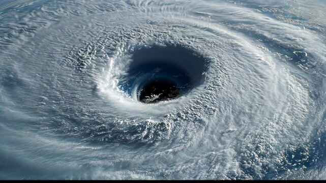 Powerful hurricane swirling over the ocean captured from above during a clear day showing intricate cloud patterns and eye formation