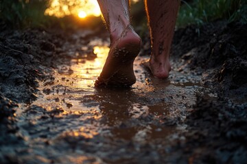 Person's feet are in mud and the sun is setting