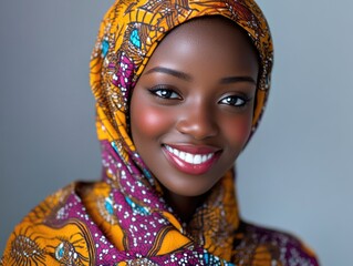 Fototapeta premium Woman wearing a colorful scarf and a big smile