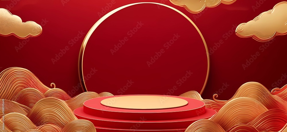 Poster vector illustration of a red background with golden cloud and wave patterns on the right side, an em