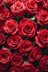 Obraz premium Natural fresh pattern with red roses. Top view, wall background with red roses.