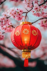 Obraz premium Red lantern hanging from a tree with pink blossoms