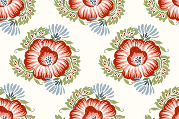 Red and pink flowers seamless pattern,vector illustration,hand drawn seamless pattern,ikat embroidery.