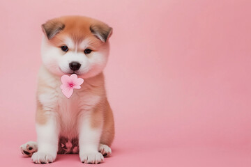 Fototapeta premium Akita holding a small heart-shaped flower, sitting on a pink background, postcard design with empty space for greeting. Valentine concept, veterinary
