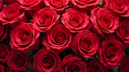 Naklejka premium Natural fresh pattern with red roses. Top view, wall background with red roses.