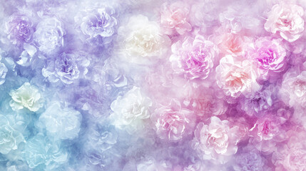 Fototapeta premium Abstract blurred background of colorful rainbow silk floral bouquet flowers, spring soft colors romantic botanical gradient aesthetic flow bloom dreamy vintage texture pattern painting illustration