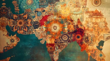 Artistic Central Asia map, textured, patterned, historical buildings background, travel brochure