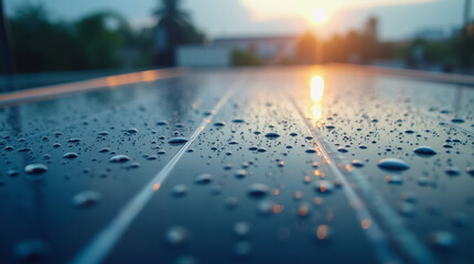 Rain droplets forming geometric patterns on a solar panel