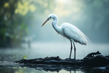 Naklejka premium Great egret stands gracefully on a log in a misty wetland during early morning hours