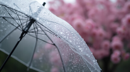 Raindrops forming lines on a translucent umbrella, with a cherry blossom tree in the background