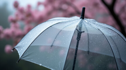 Raindrops forming lines on a translucent umbrella, with a cherry blossom tree in the background